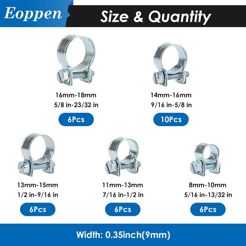 Eoppen 34Pcs 5 Sizes 8-18mm Fuel Line Clamp Assortment Kit, 1/4Inch 5/16Inch 3/8Inch Fuel Injection Gas Line Hose Clamps for Diesel Petrol Pipe - Image 2